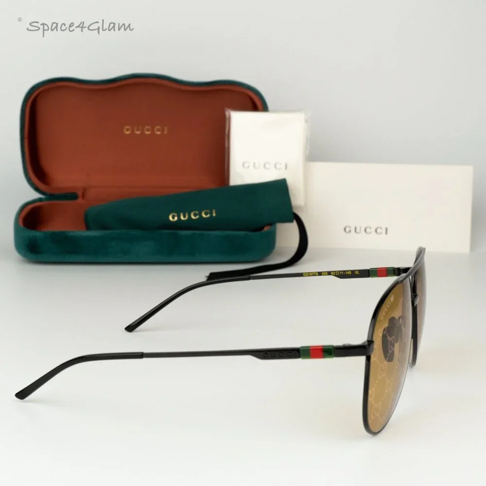BRAND NEW Gucci GG1677S 005 Black Yellow Mirror Logo Pilot Unisex Sunglasses